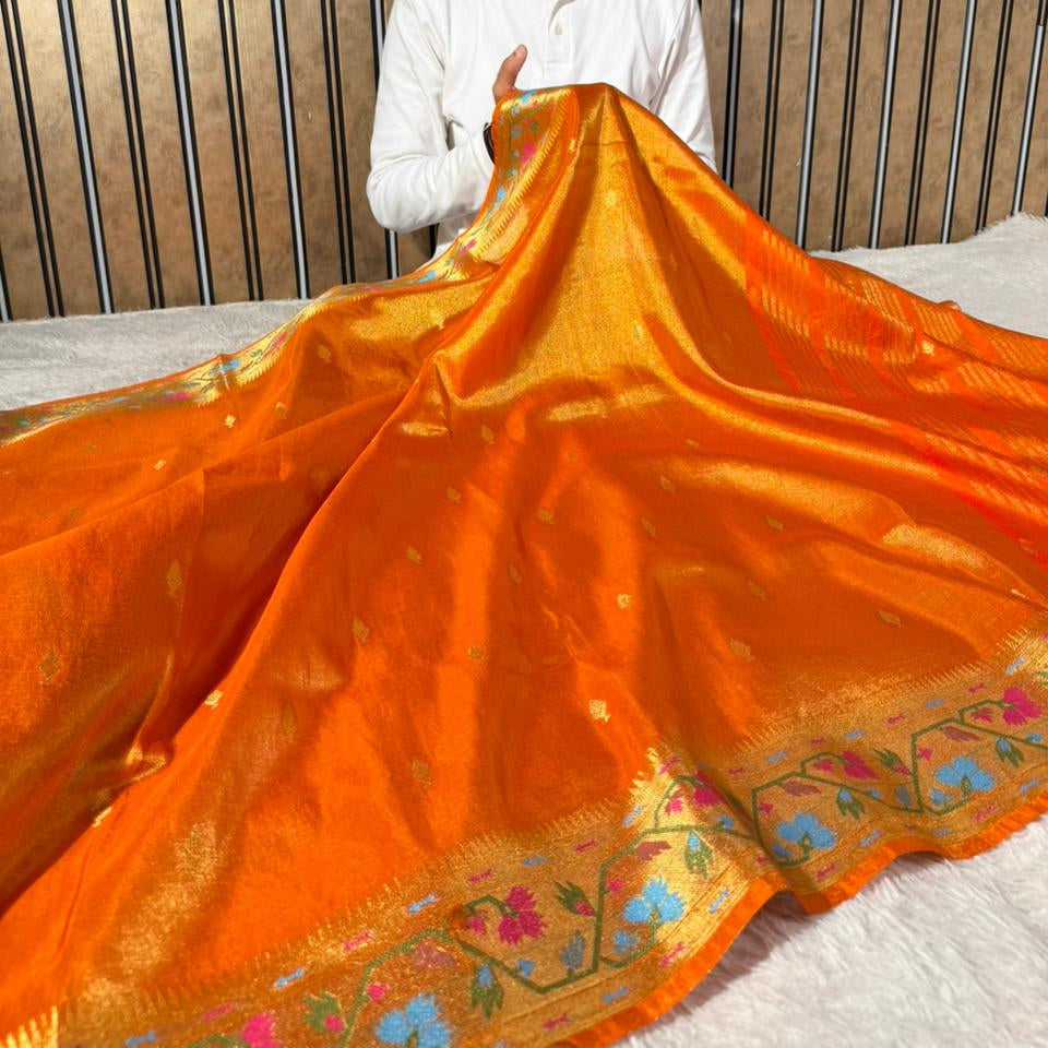 Metallic Orange Breathable tissue Ikkat Border Saree