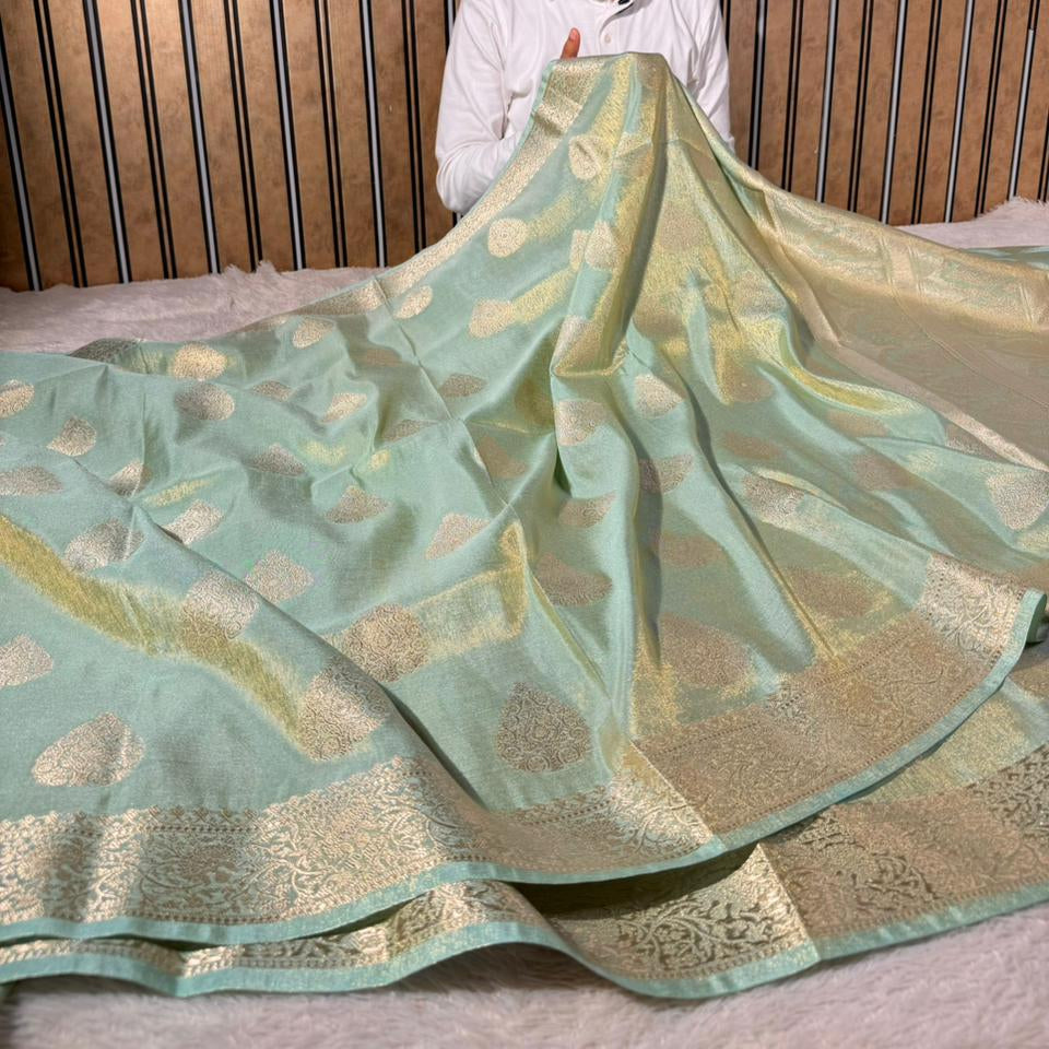 Sea Green Breathable Katan Tissue Banarasi Saree