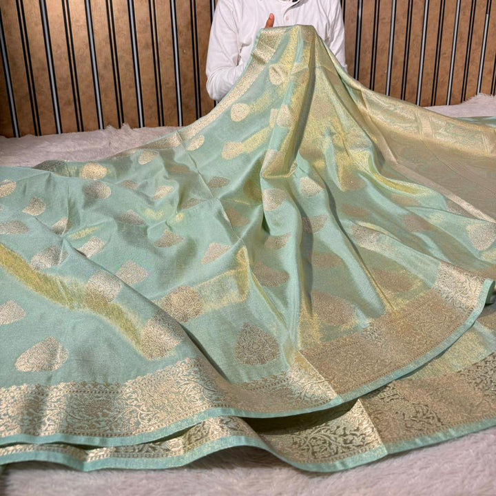 Sea Green Breathable Katan Tissue Banarasi Saree