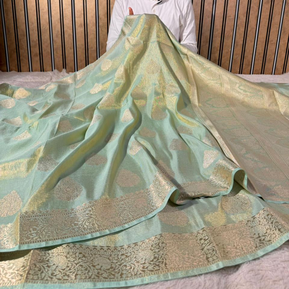 Sea Green Breathable Katan Tissue Banarasi Saree