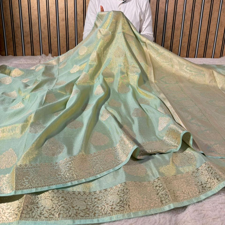 Sea Green Breathable Katan Tissue Banarasi Saree
