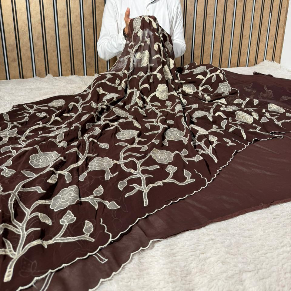 Light brown Khaddi Georgette Appliqué Work Saree