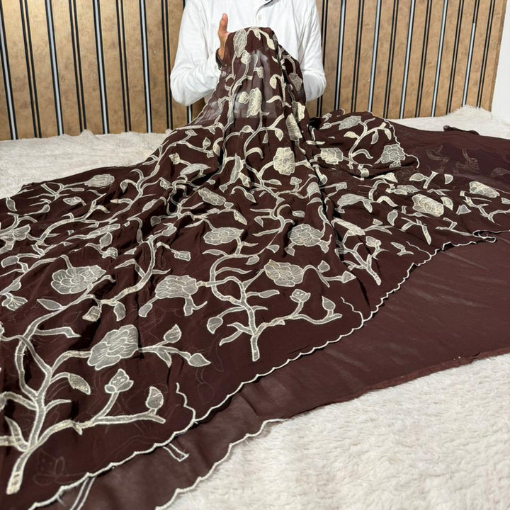 Light brown Khaddi Georgette Appliqué Work Saree