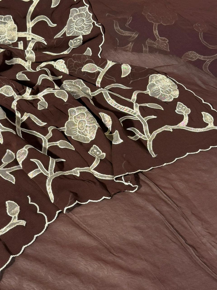 Light brown Khaddi Georgette Appliqué Work Saree
