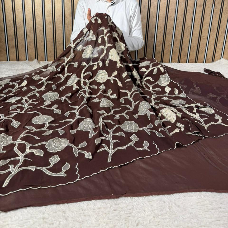 Light brown Khaddi Georgette Appliqué Work Saree