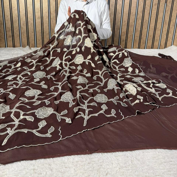 Light brown Khaddi Georgette Appliqué Work Saree
