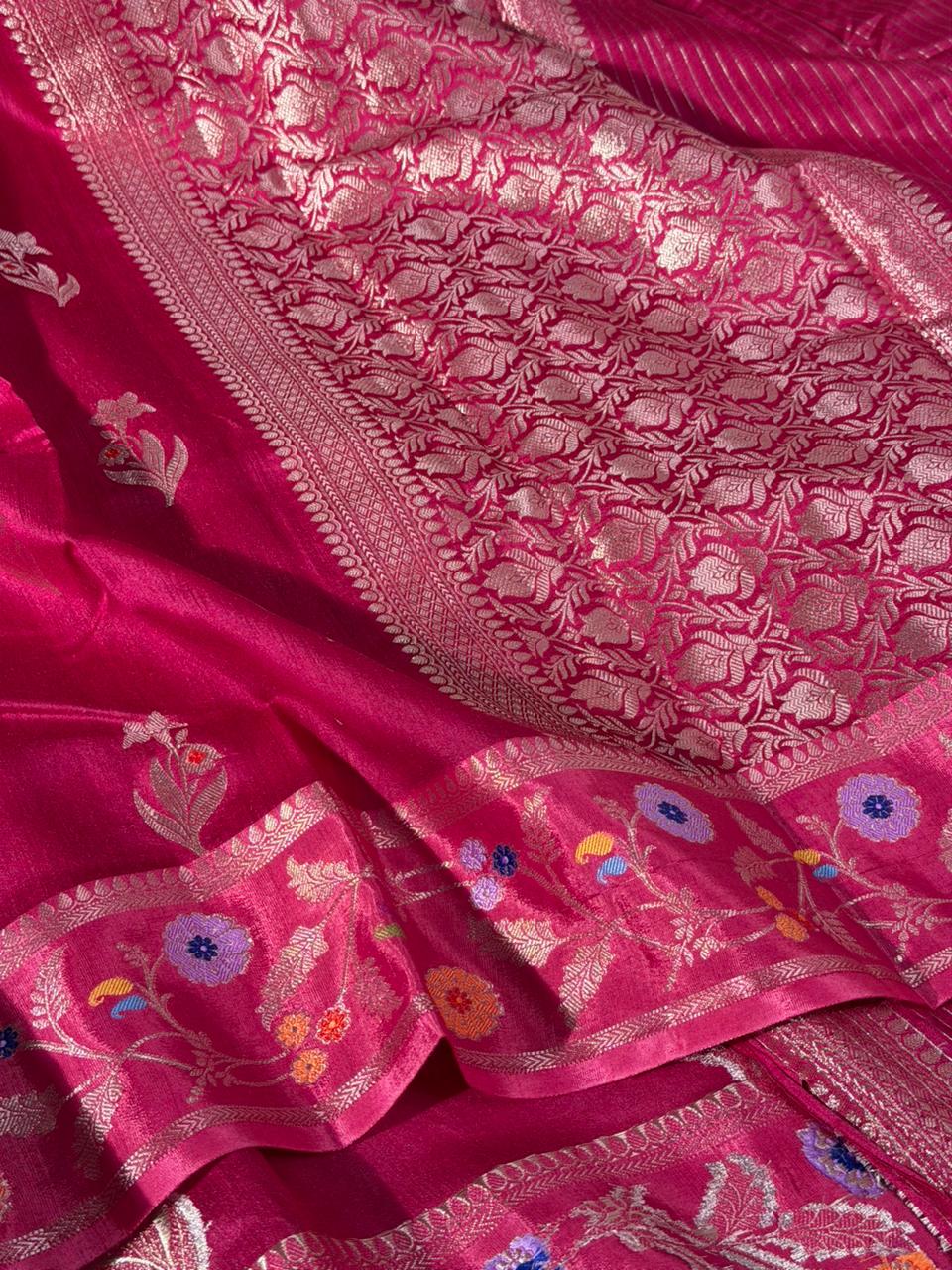 Rani Pink Pure Munga Silk Meenakari Banarasi Saree