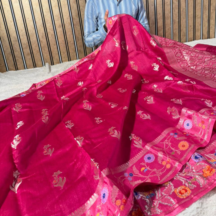 Rani Pink Pure Munga Silk Meenakari Banarasi Saree