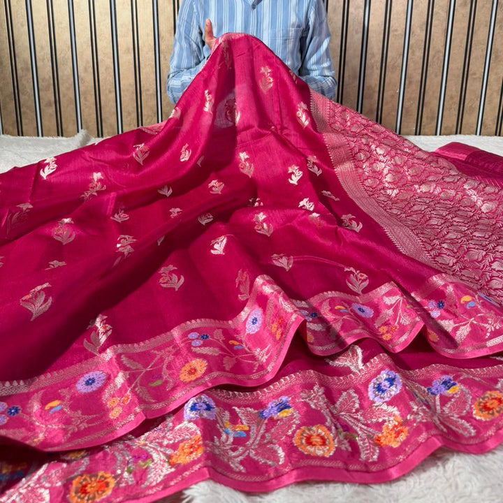 Rani Pink Pure Munga Silk Meenakari Banarasi Saree