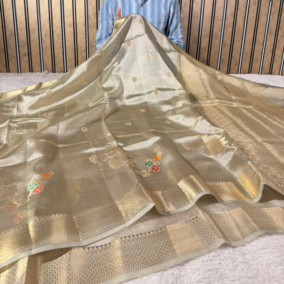 Light Beige Heritage Grand pure Mango Silk Banarasi Saree