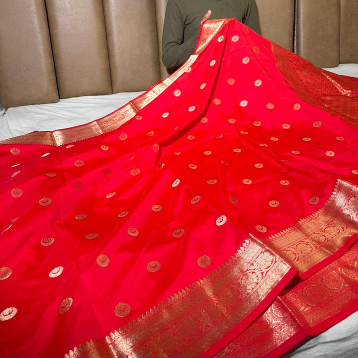Bright Red Chand Tara Buti Softsilk Banarasi Saree