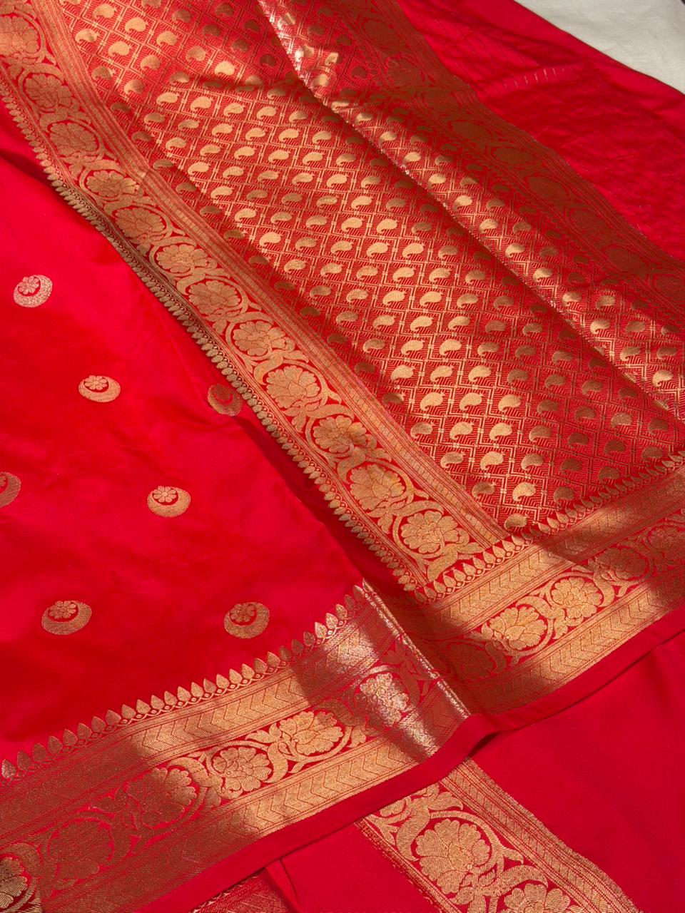 Bright Red Chand Tara Buti Softsilk Banarasi Saree