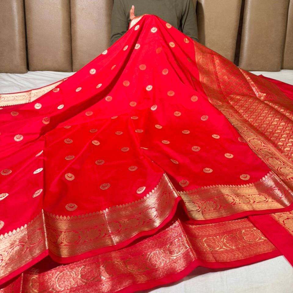 Bright Red Chand Tara Buti Softsilk Banarasi Saree