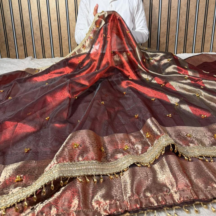 Carmine Maroon Tissue Silk Hand Ghungroo Work Saree 