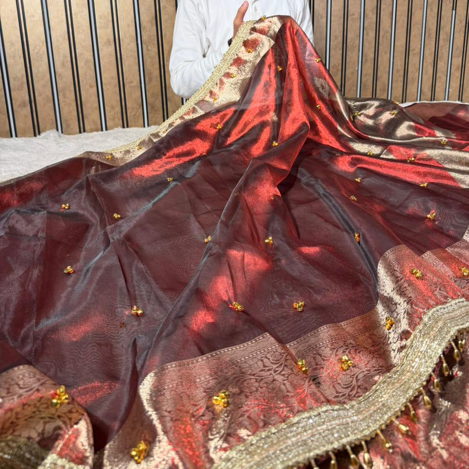 Carmine Maroon Tissue Silk Hand Ghungroo Work Saree 