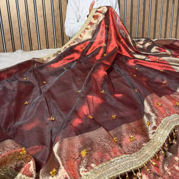 Carmine Maroon Tissue Silk Hand Ghungroo Work Saree 