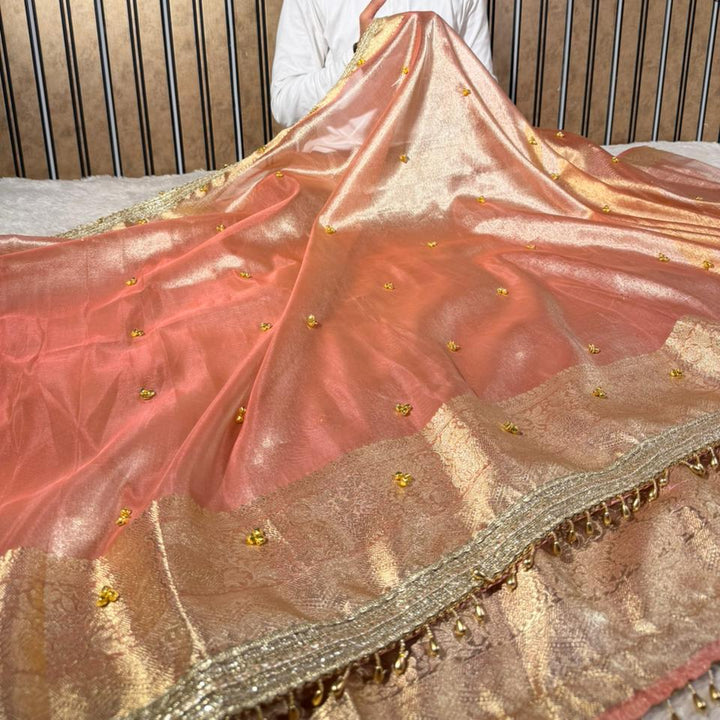 Pretty Peach Tissue Silk Hand Ghungroo Work Saree