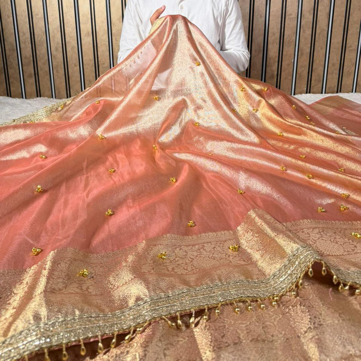 Pretty Peach Tissue Silk Hand Ghungroo Work Saree