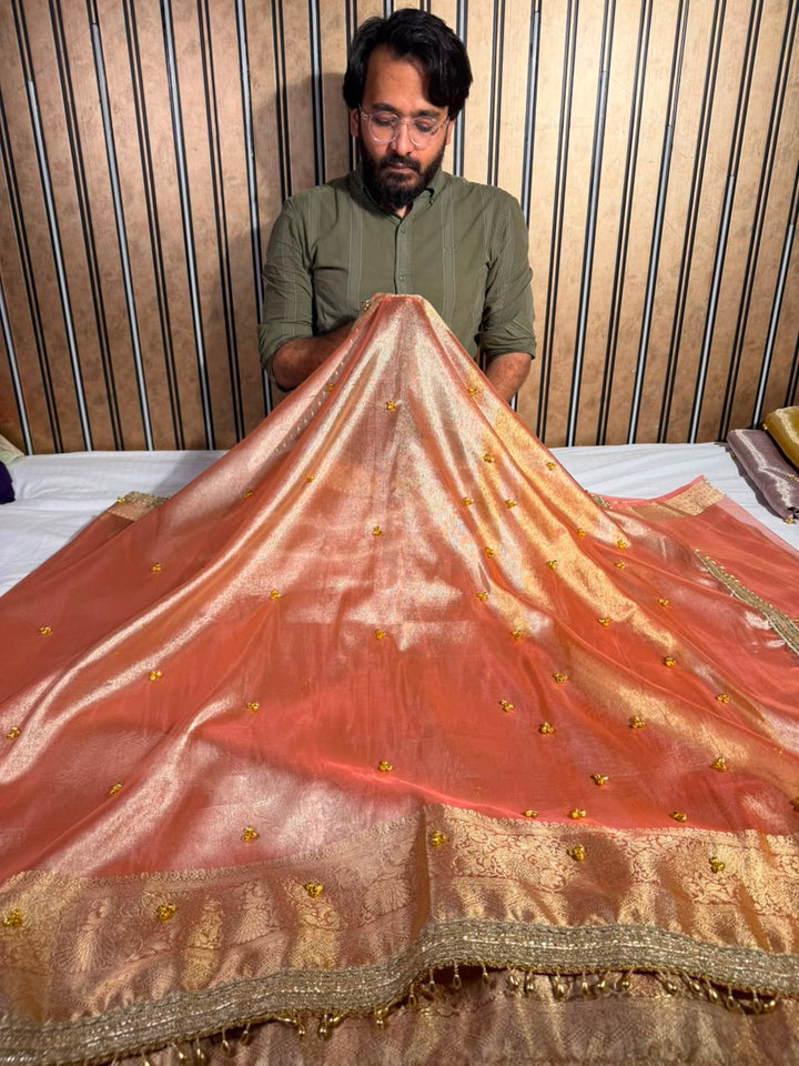 Metallic Peach Kora Tissue Viral Ghungroo Work Saree