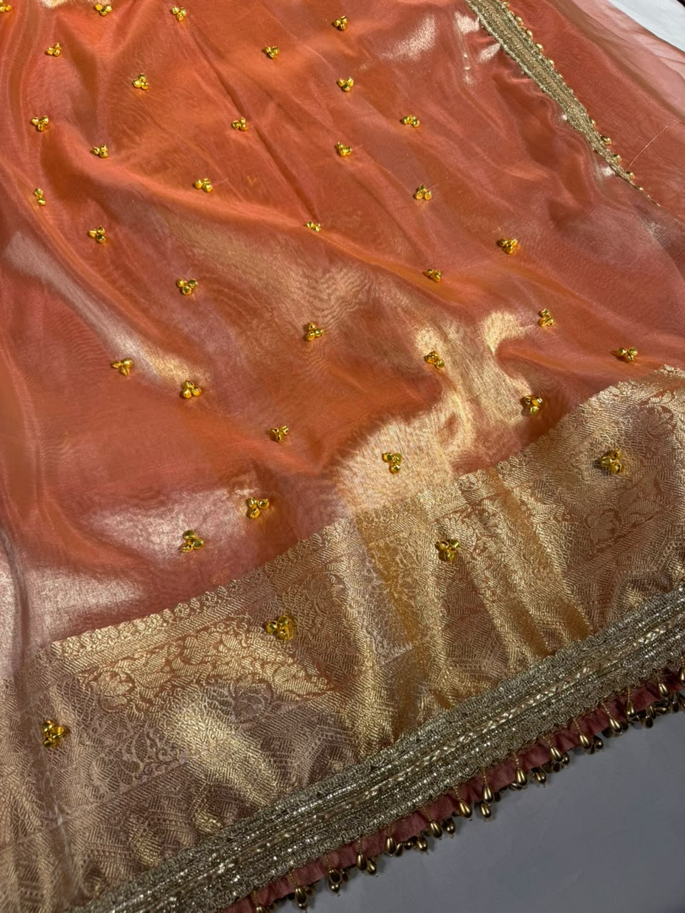 Metallic Peach Kora Tissue Viral Ghungroo Work Saree