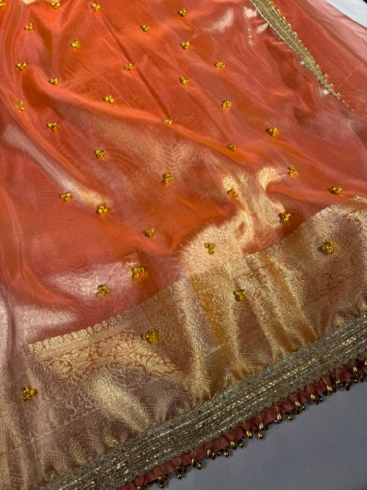 Pretty Peach Tissue Silk Hand Ghungroo Work Saree