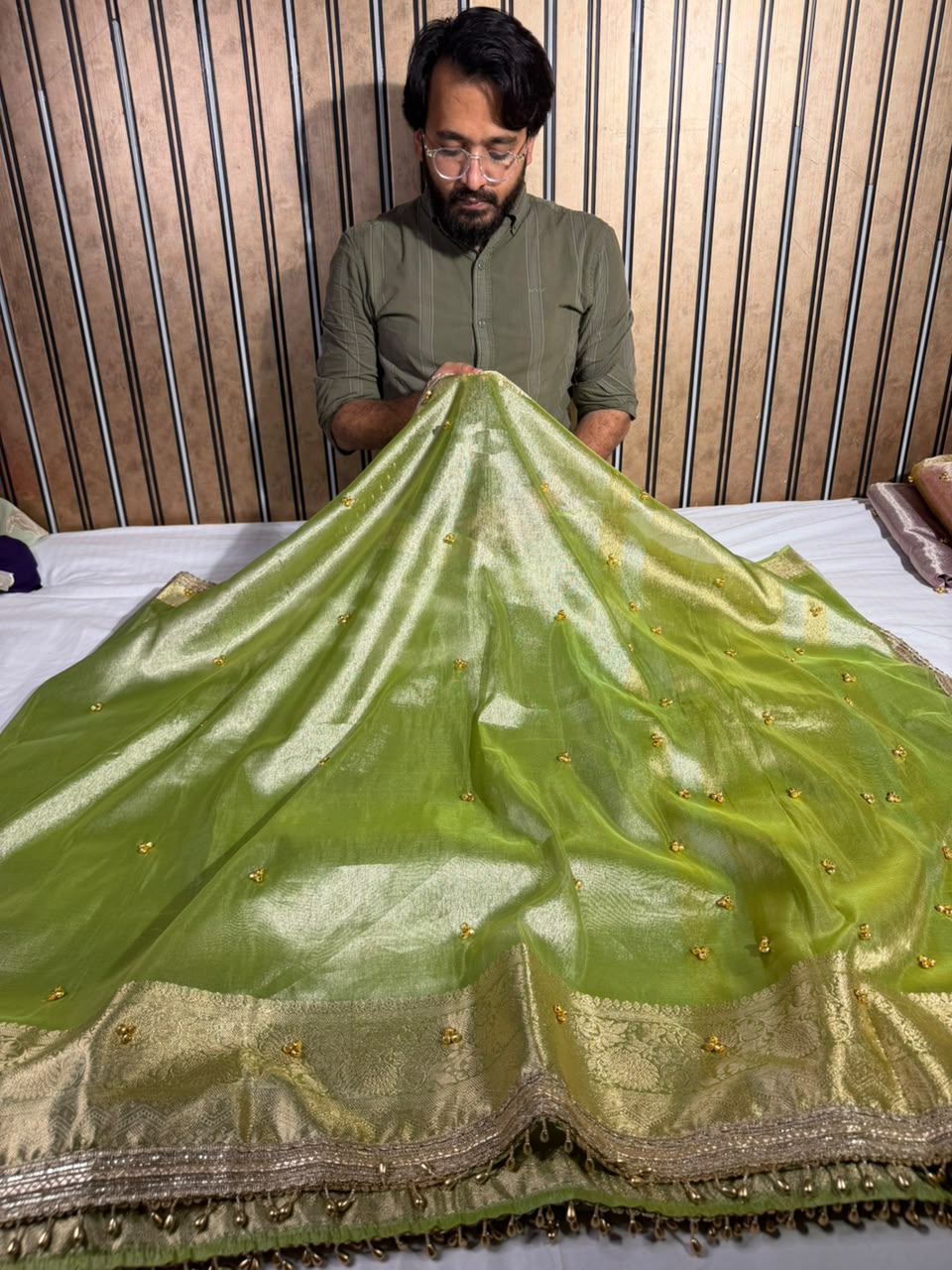 Parrot Green Kora Tissue Viral Ghungroo Work Saree