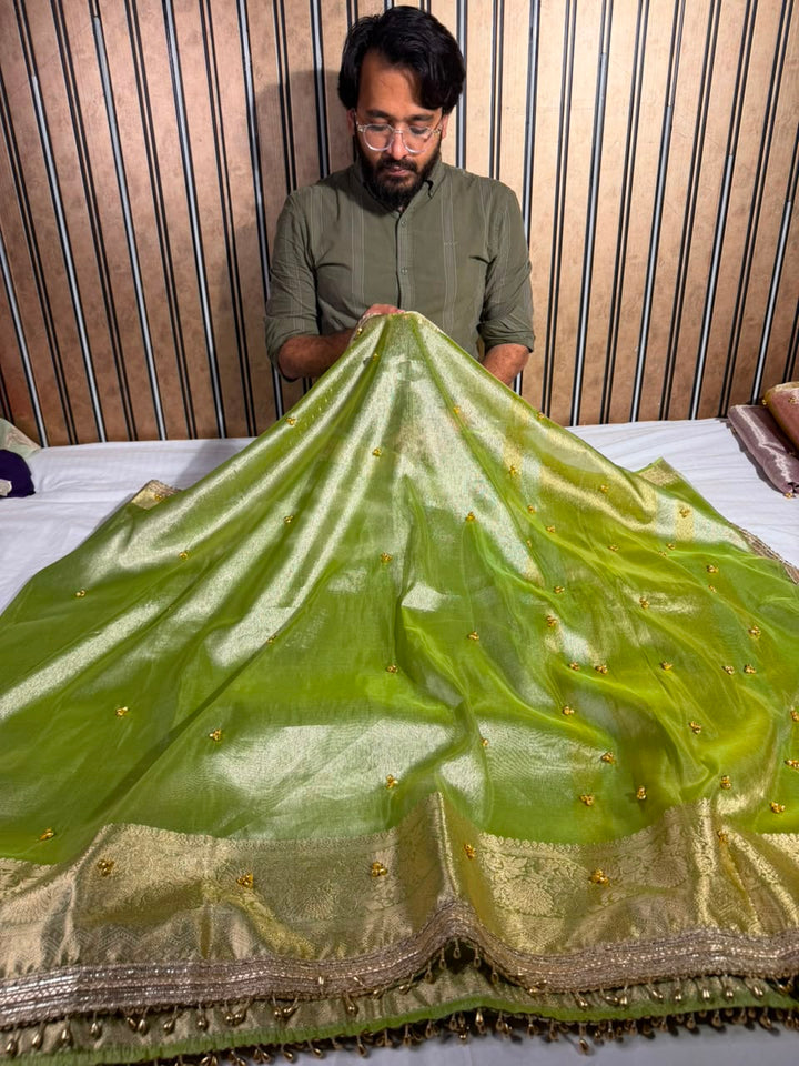 Parrot Green Kora Tissue Viral Ghungroo Work Saree