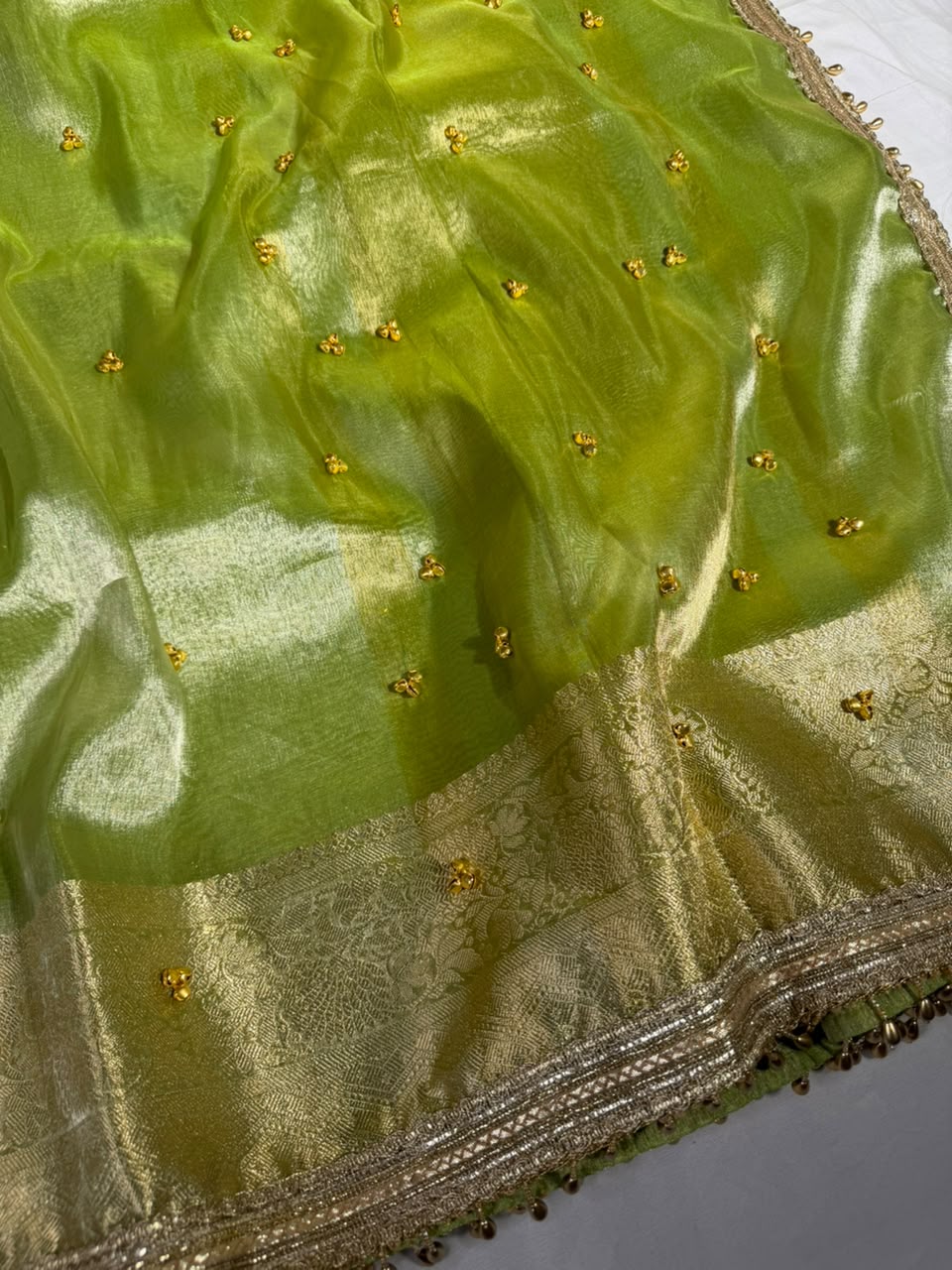 Parrot Green Kora Tissue Viral Ghungroo Work Saree