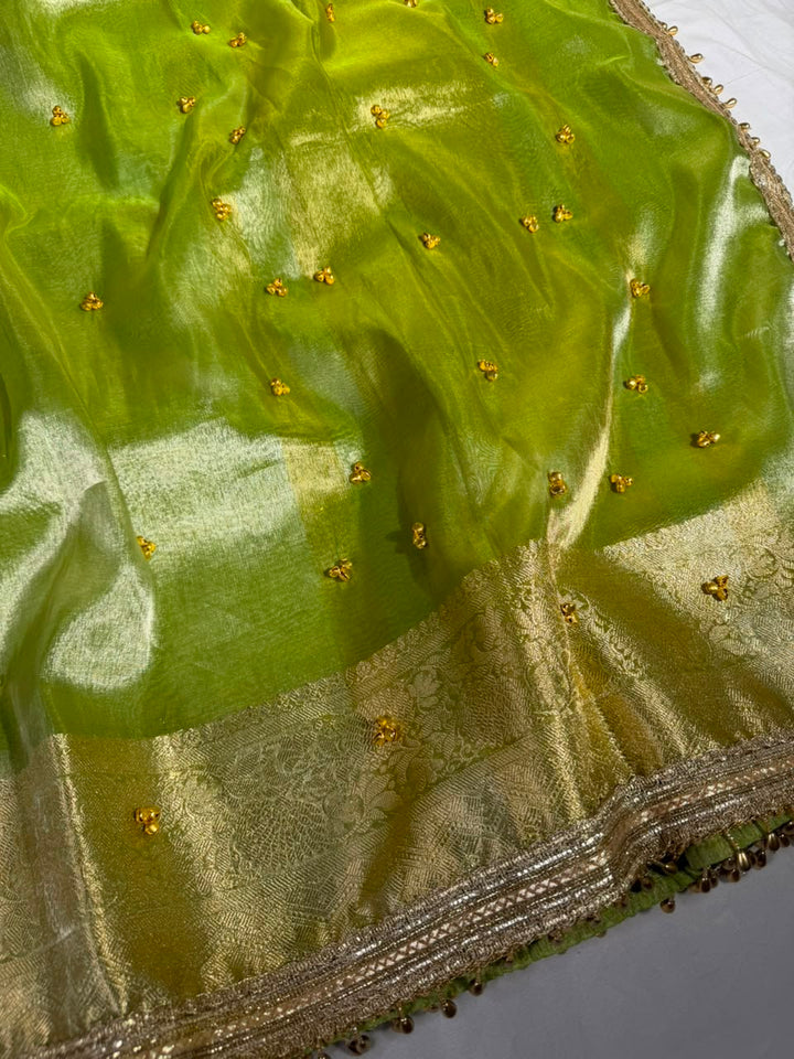 Parrot Green Kora Tissue Viral Ghungroo Work Saree