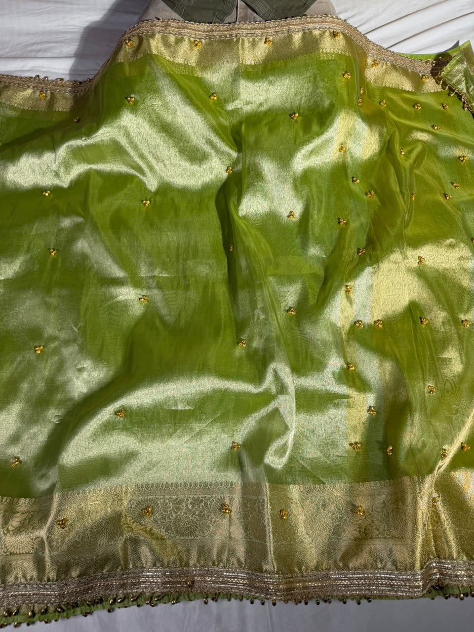 Parrot Green Kora Tissue Viral Ghungroo Work Saree