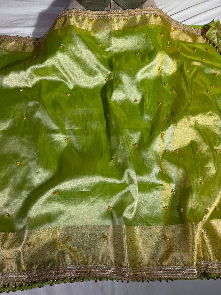 Parrot Green Kora Tissue Viral Ghungroo Work Saree