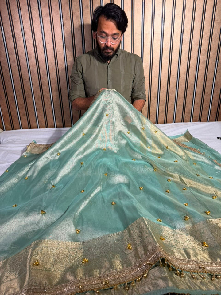 Sea Green Kora Tissue Viral Ghungroo Work Saree
