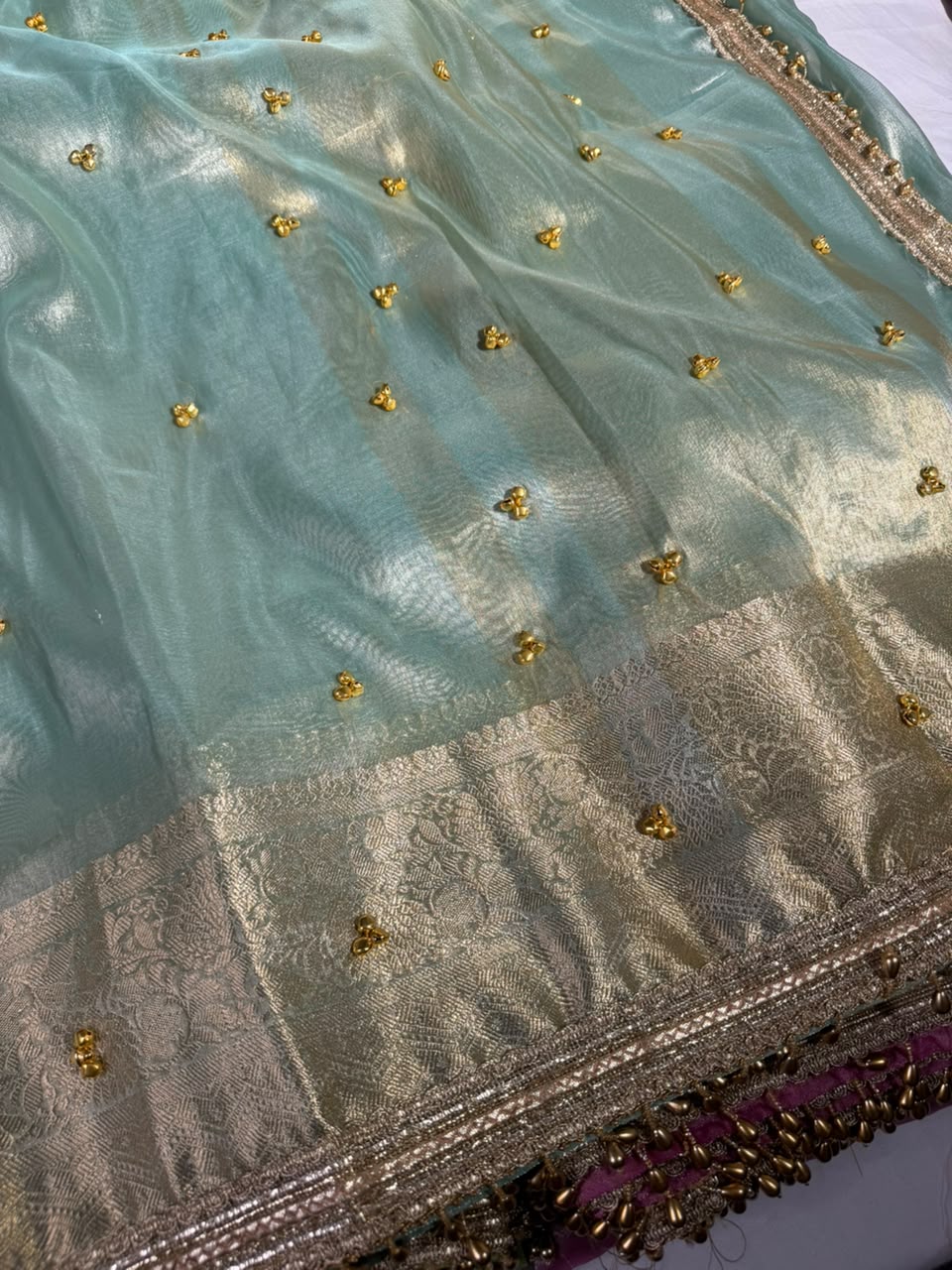 Sea Green Kora Tissue Viral Ghungroo Work Saree