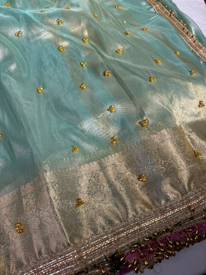 Sea Green Kora Tissue Viral Ghungroo Work Saree