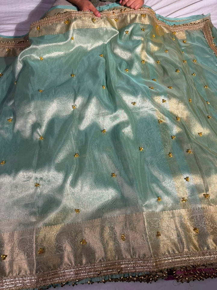 Sea Green Kora Tissue Viral Ghungroo Work Saree