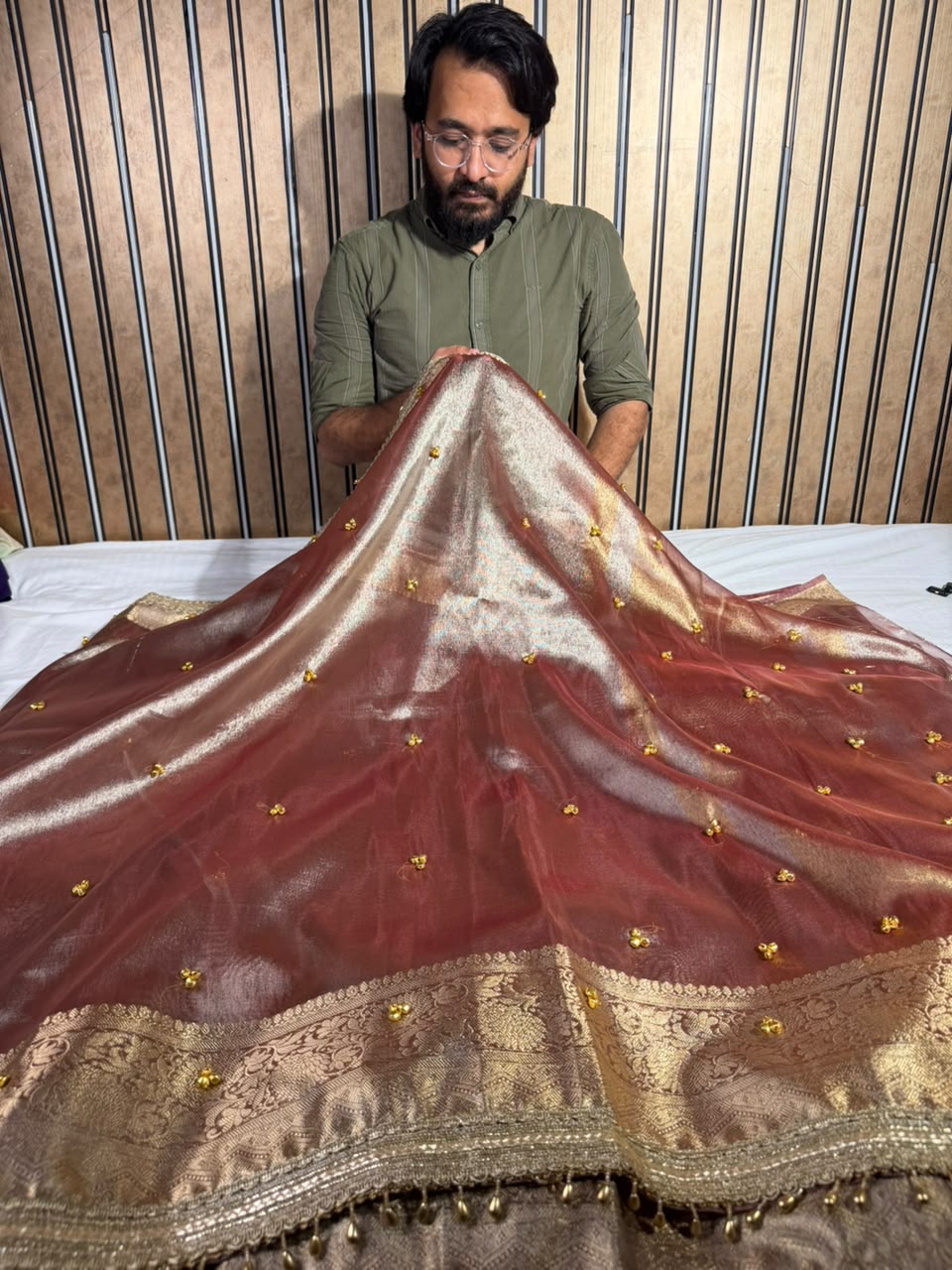 Rusted Coppe Kora Tissue Viral Ghungroo Work Saree