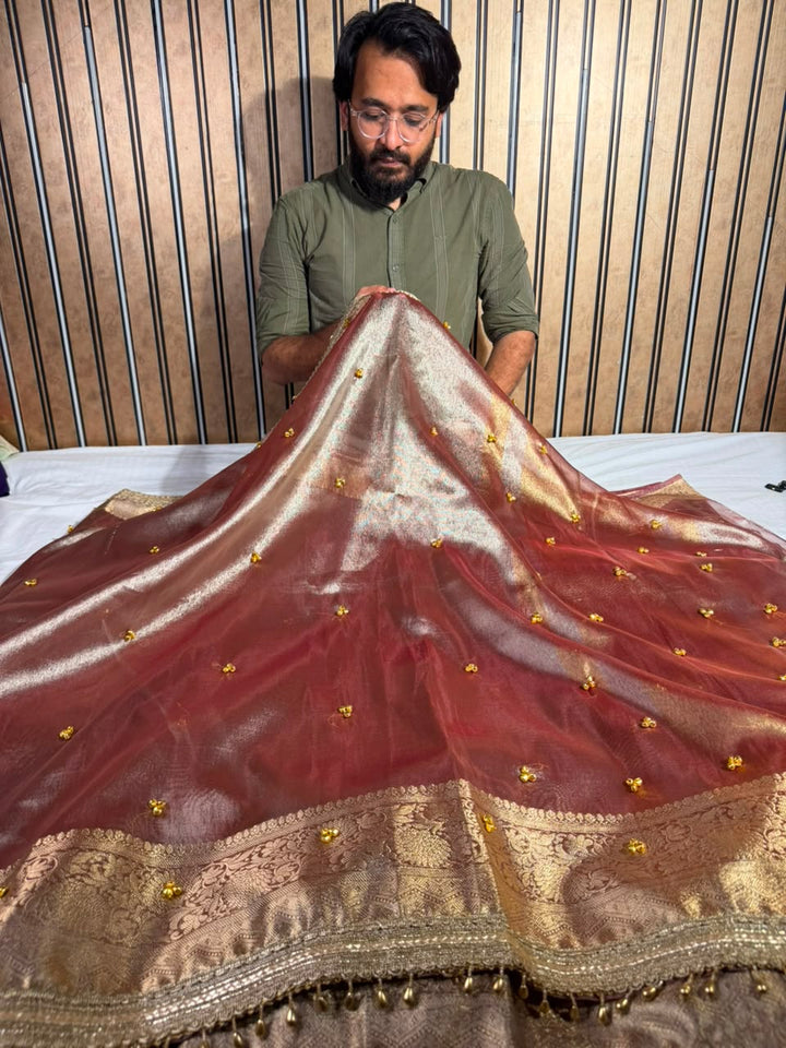 Rusted Coppe Kora Tissue Viral Ghungroo Work Saree