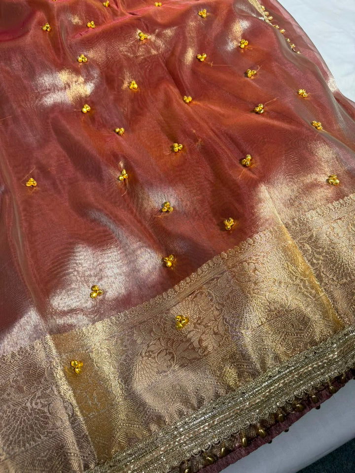Rusted Coppe Kora Tissue Viral Ghungroo Work Saree