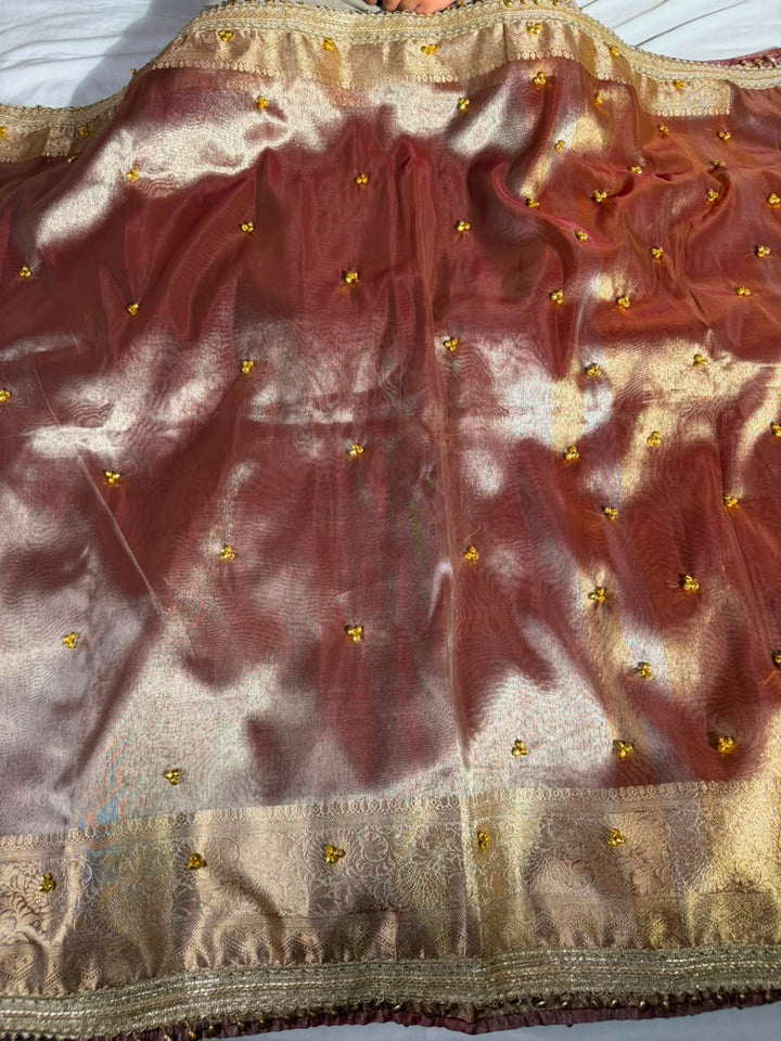 Rusted Coppe Kora Tissue Viral Ghungroo Work Saree