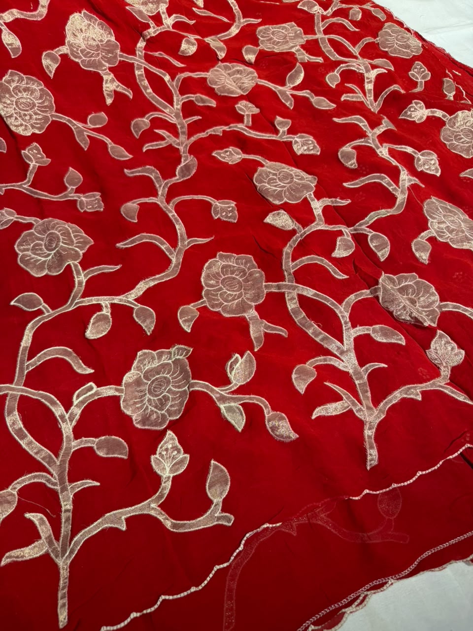 Bright Red Khaddi Georgette Tissue Appliqué Work Saree