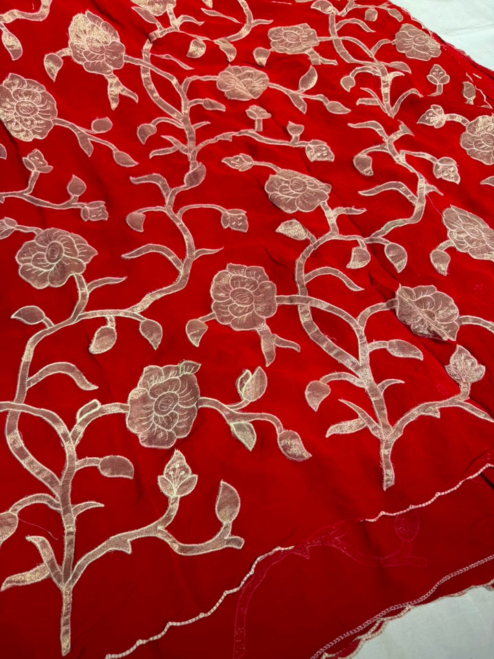 Bright Red Khaddi Georgette Tissue Appliqué Work Saree