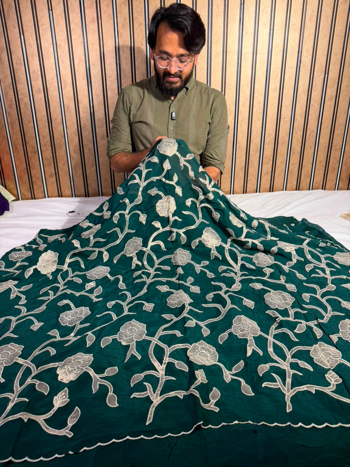Bottle Green Khaddi Georgette Tissue Appliqué Work Saree