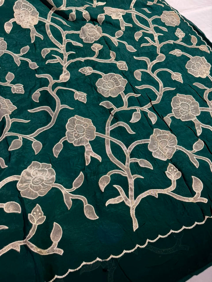 Bottle Green Khaddi Georgette Tissue Appliqué Work Saree