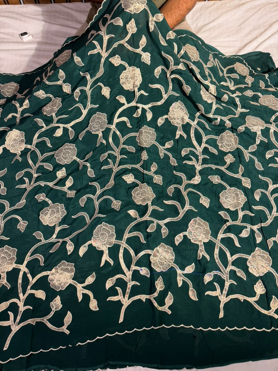 Bottle Green Khaddi Georgette Tissue Appliqué Work Saree