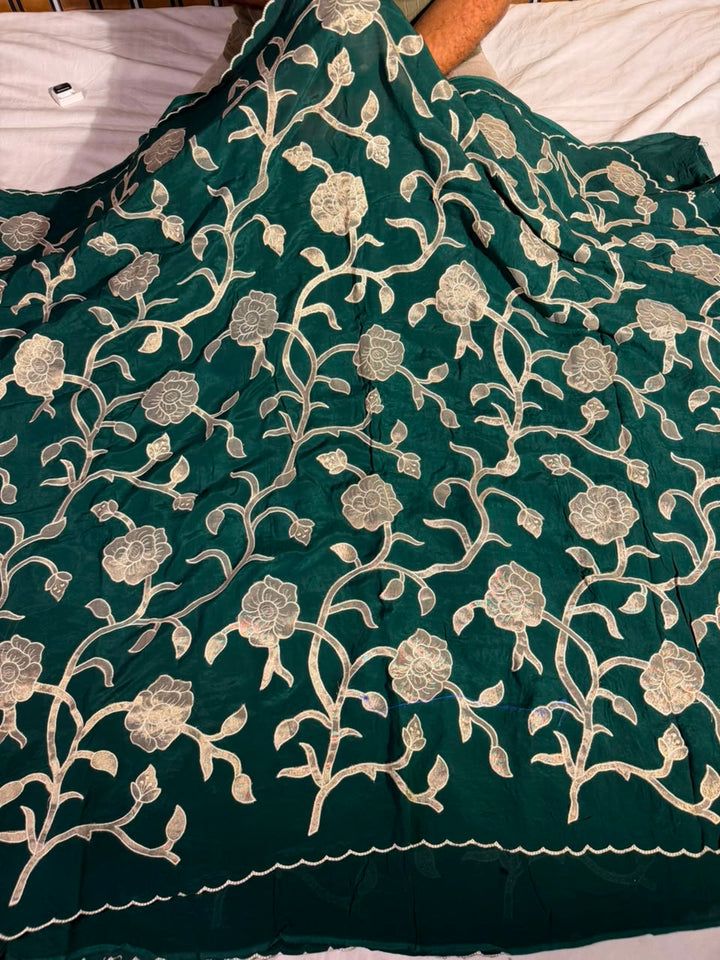 Bottle Green Khaddi Georgette Tissue Appliqué Work Saree