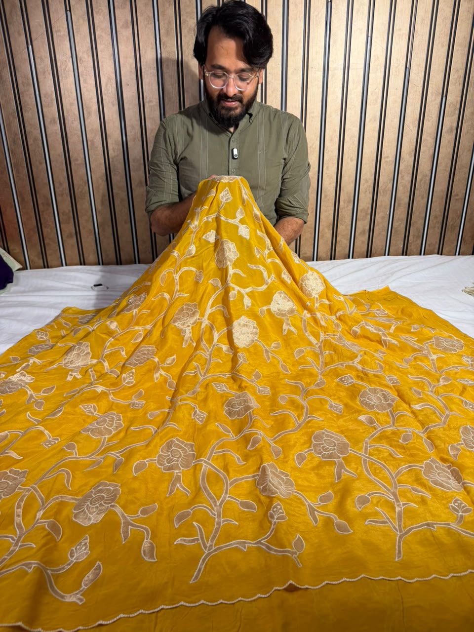 Bright Yellow Khaddi Georgette Tissue Appliqué Work Saree