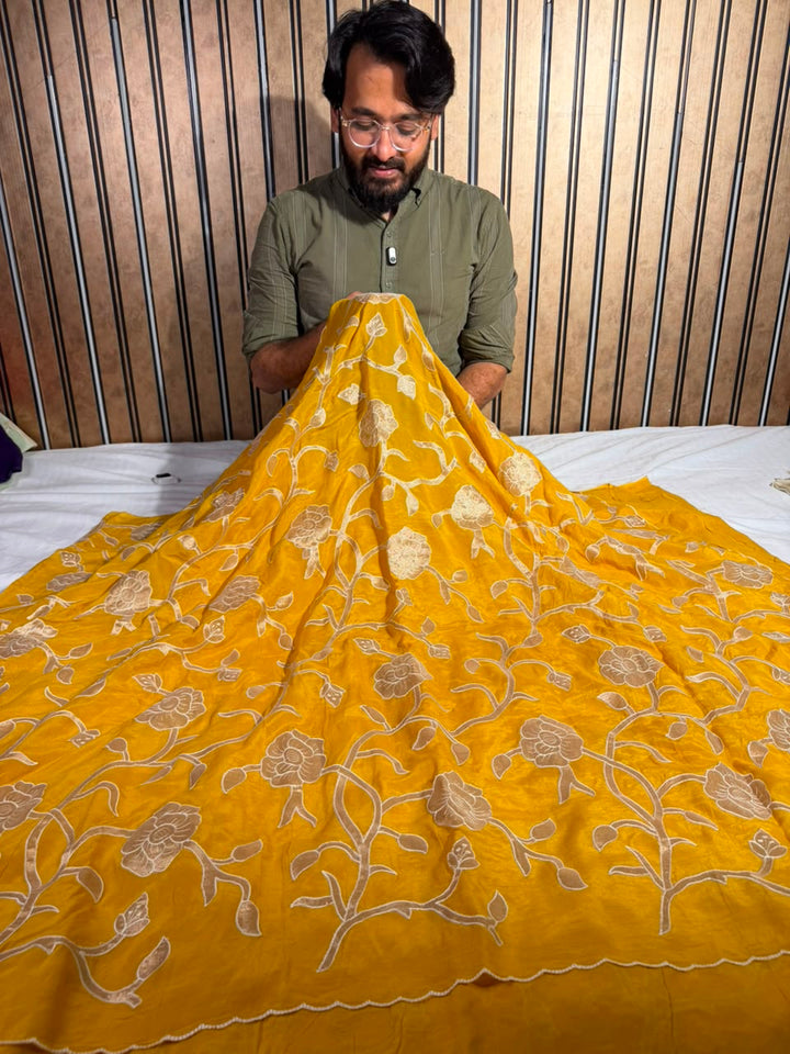 Bright Yellow Khaddi Georgette Tissue Appliqué Work Saree