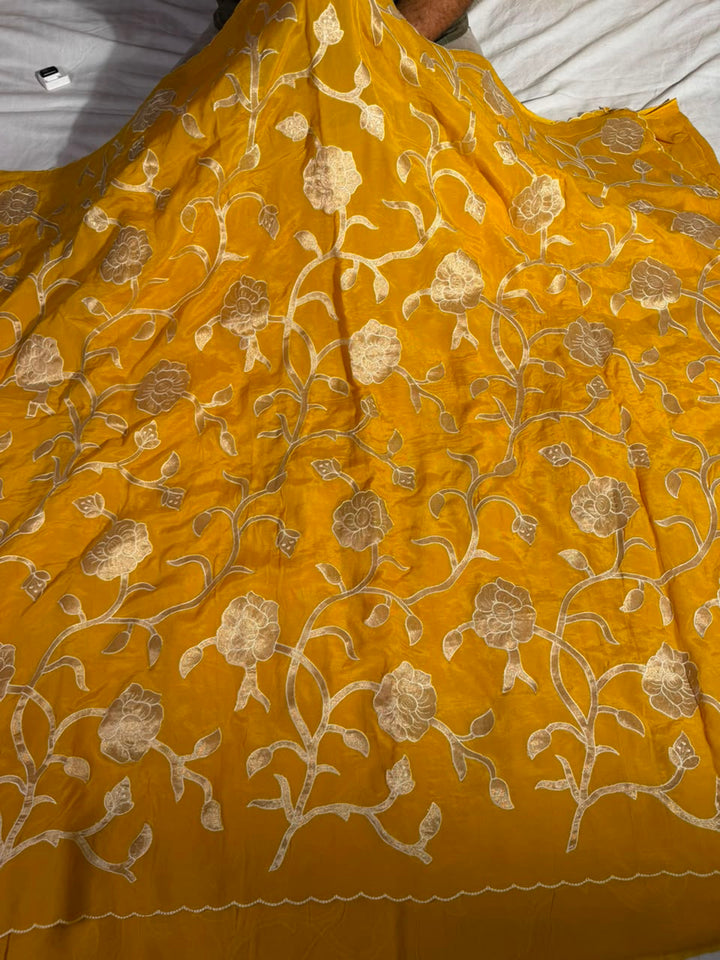 Bright Yellow Khaddi Georgette Tissue Appliqué Work Saree