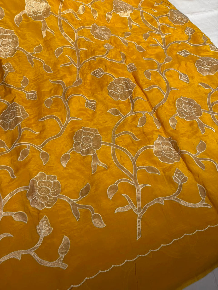 Bright Yellow Khaddi Georgette Tissue Appliqué Work Saree
