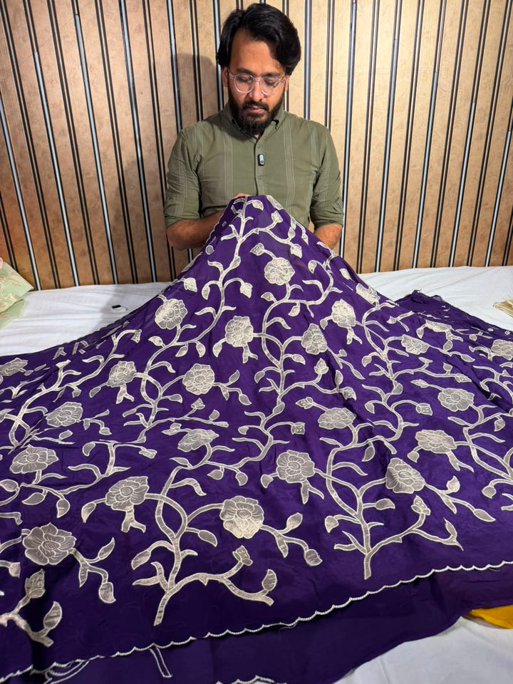 Bright Purple Khaddi Georgette Appliqué Work Saree